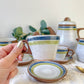 Service à café vintage en grès moucheté gris rayures vertes bleues des années 1950 - Tasses à café en grès vintage - théière vintage grès