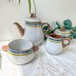 Service à café vintage en grès moucheté gris rayures vertes bleues des années 1950 - Tasses à café en grès vintage - théière vintage grès