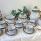 Service à café vintage en grès moucheté gris rayures vertes bleues des années 1950 - Tasses à café en grès vintage - théière vintage grès