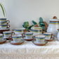 Service à café vintage en grès moucheté gris rayures vertes bleues des années 1950 - Tasses à café en grès vintage - théière vintage grès