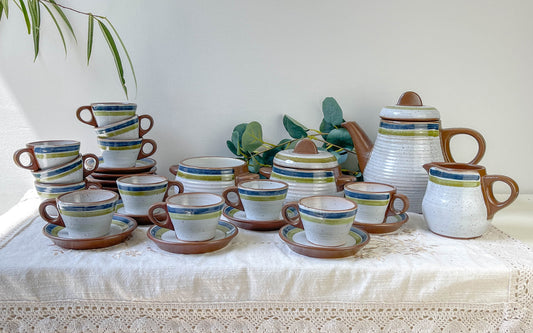 Service à café vintage en grès moucheté gris rayures vertes bleues des années 1950 - Tasses à café en grès vintage - théière vintage grès