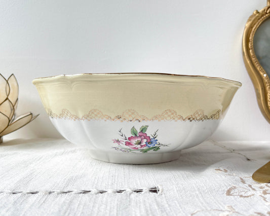 Saladier porcelaine vintage fleuri blanche jaune doré L'Amandinoise 38754 France 1950s