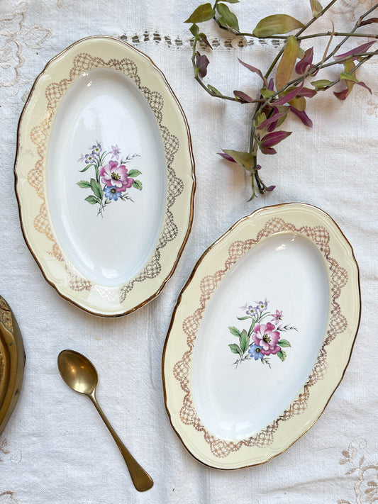 2 Raviers porcelaine vintage fleuri blanche jaune doré L'Amandinoise 38754