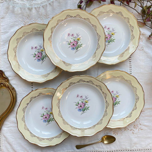 6 Assiettes creuses en porcelaine vintage motif fleuri blanche jaune doré L'Amandinoise 38754