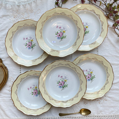 6 Assiettes creuses en porcelaine vintage motif fleuri blanche jaune doré L'Amandinoise 3875
