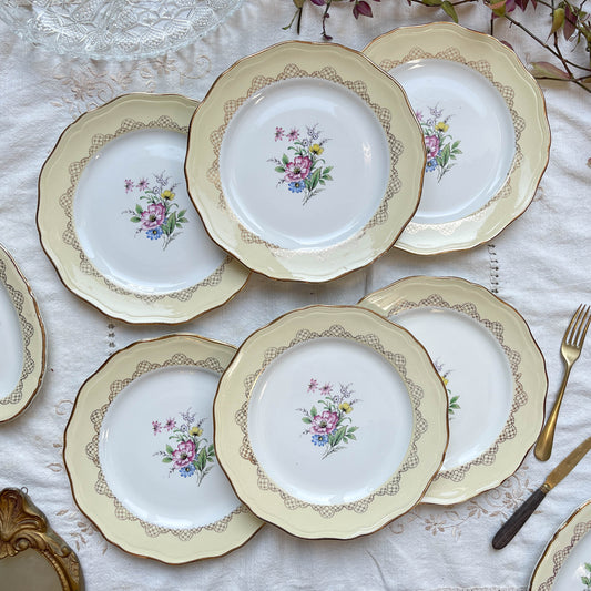 6 Assiettes plates en porcelaine vintage motif fleuri blanche jaune doré L'Amandinoise 38754