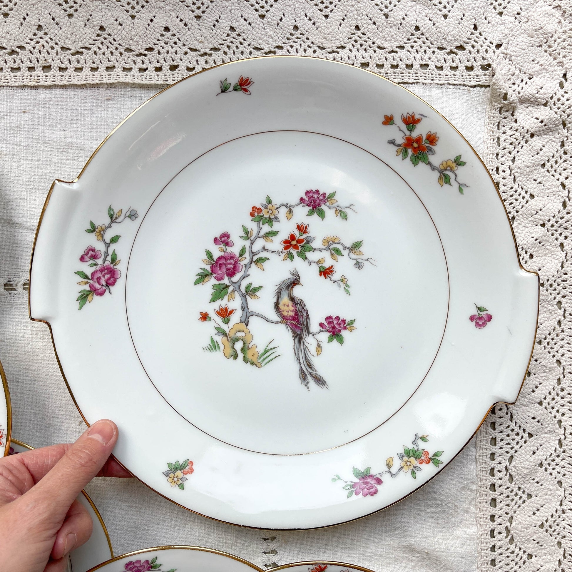 Service à dessert vintage 12 personnes en porcelaine PN France motif oiseau de paradis