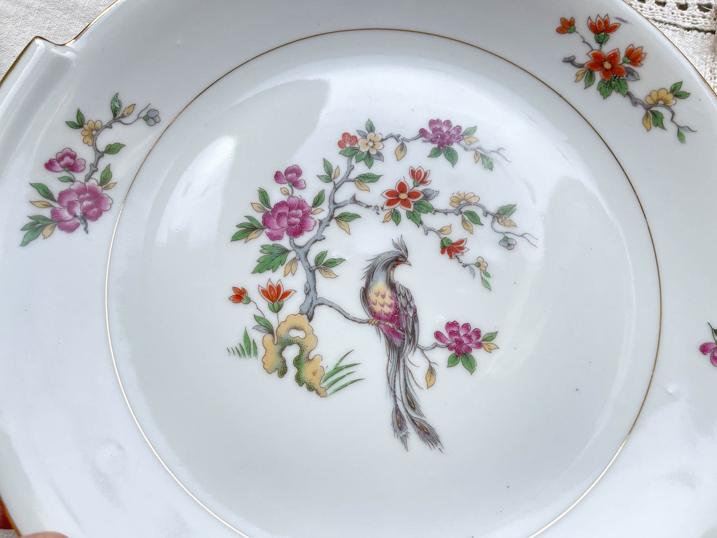 Service à dessert vintage 12 personnes en porcelaine PN France motif oiseau de paradis