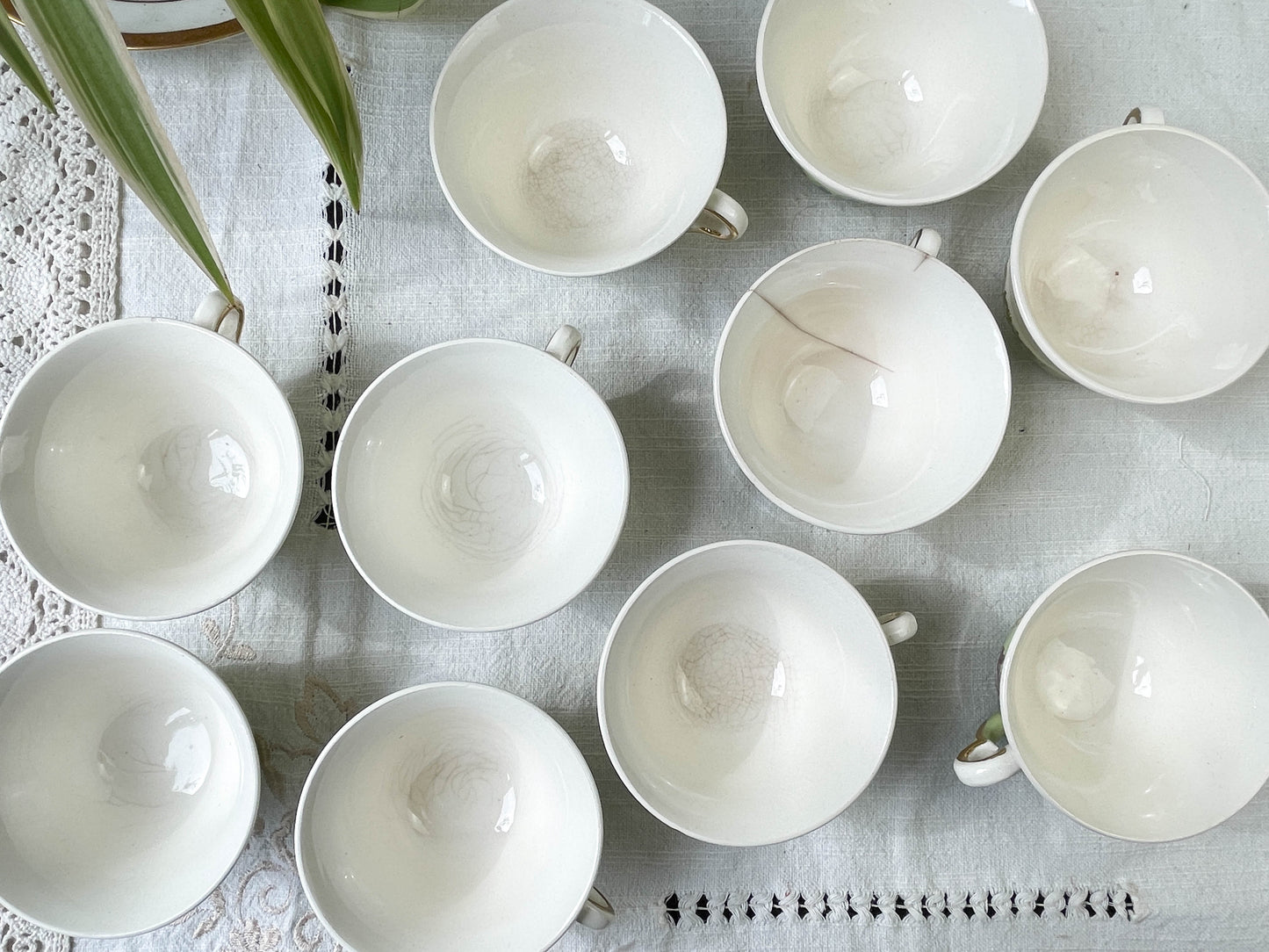 Service à thé/café vintage en porcelaine blanche verte dorée SALINS made in France