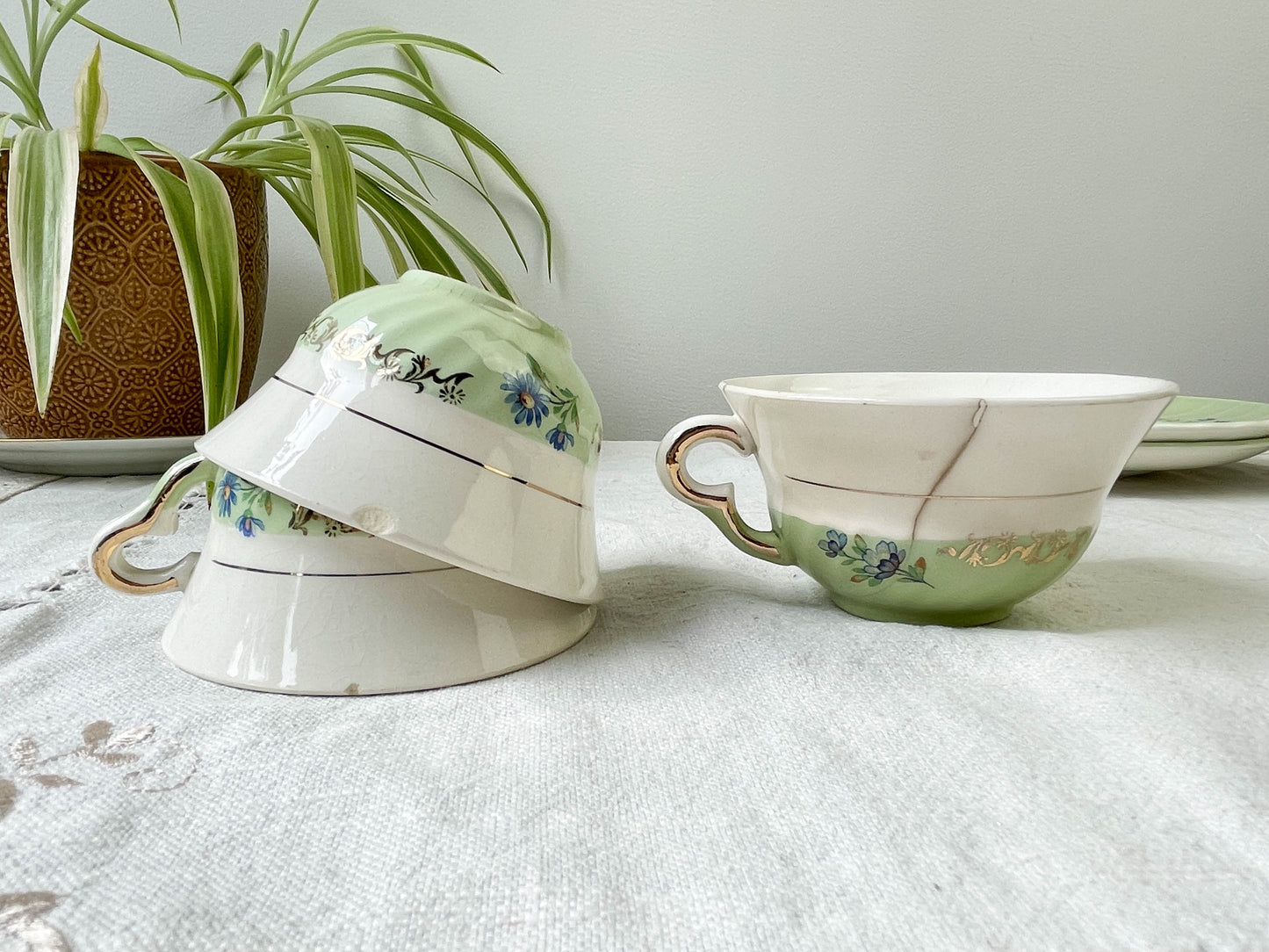 Service à thé/café vintage en porcelaine blanche verte dorée SALINS made in France