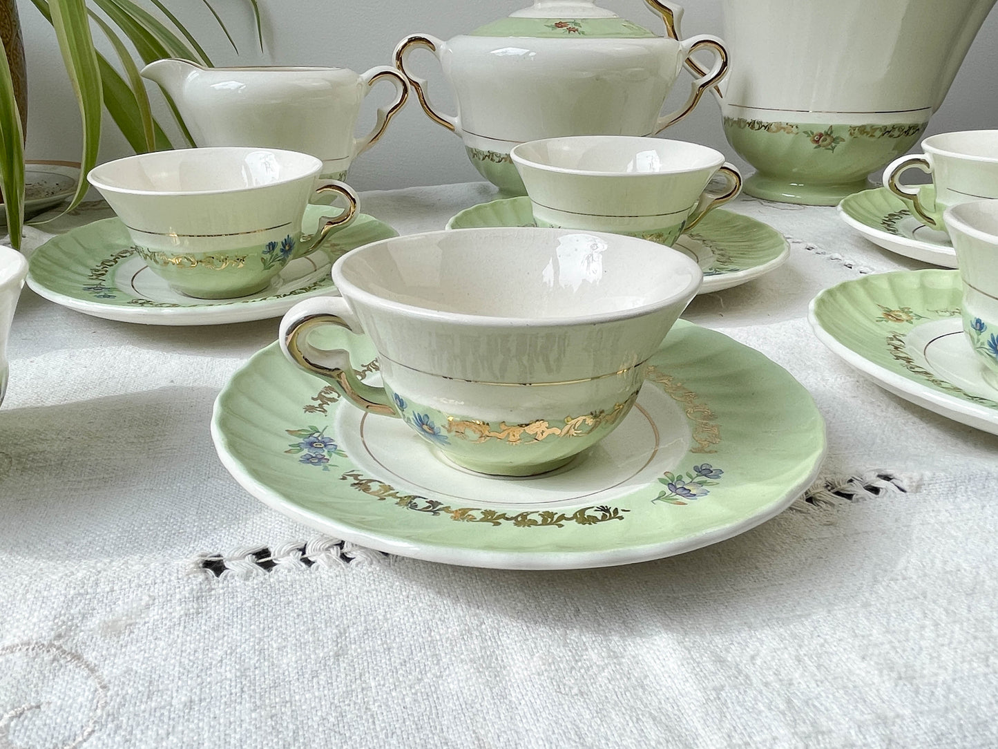 Service à thé/café vintage en porcelaine blanche verte dorée SALINS made in France