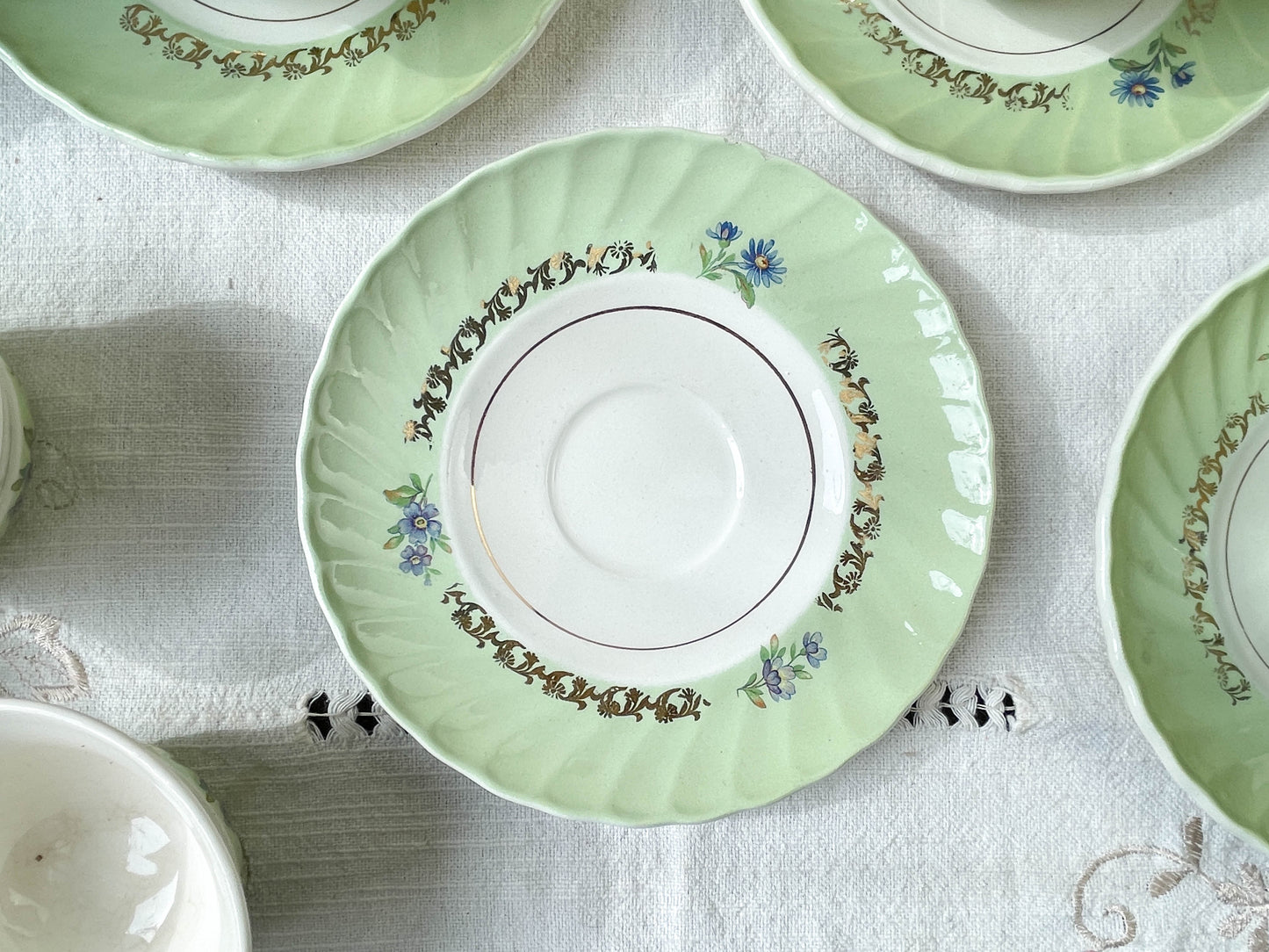 Service à thé/café vintage en porcelaine blanche verte dorée SALINS made in France