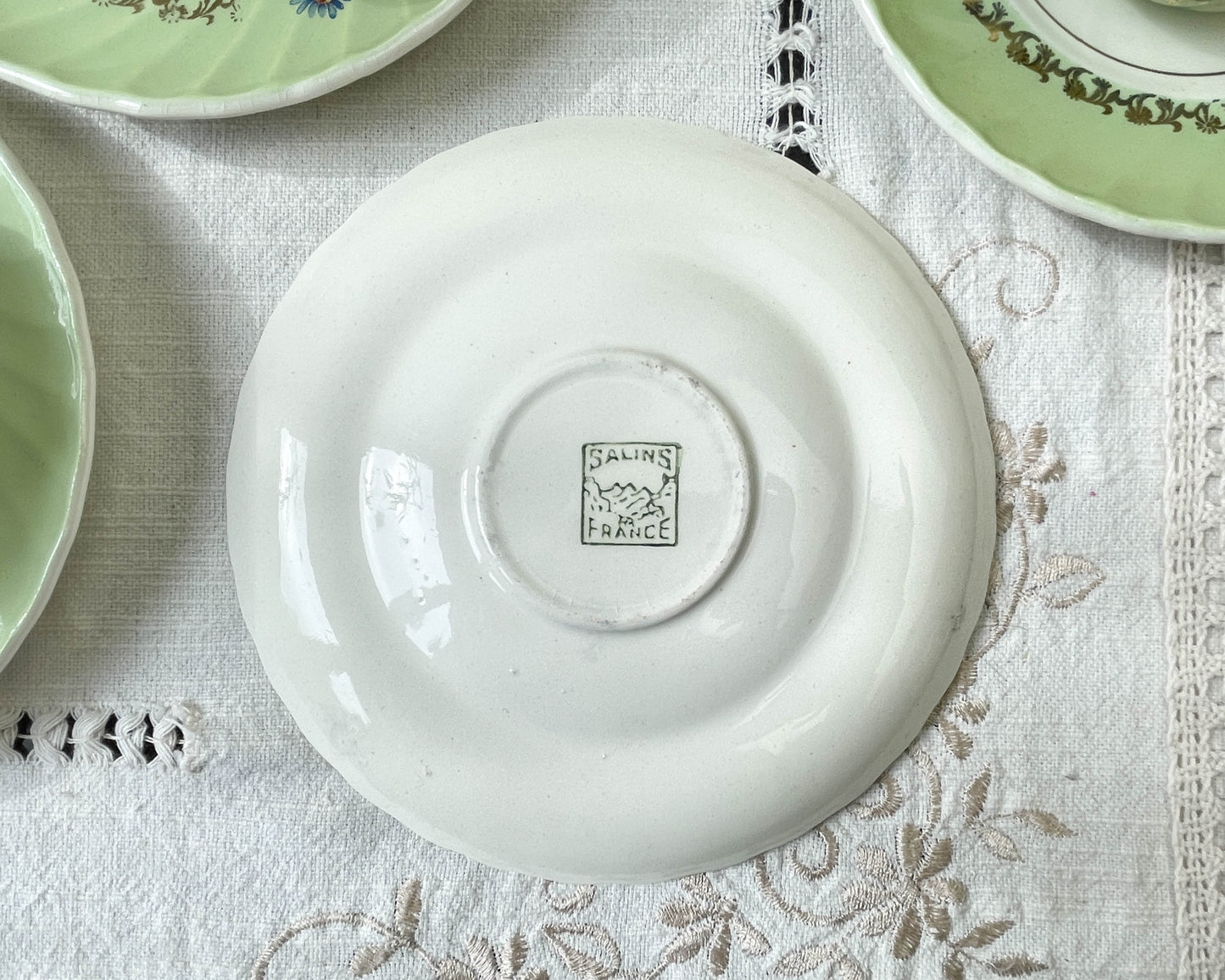 Service à thé/café vintage en porcelaine blanche verte dorée SALINS made in France