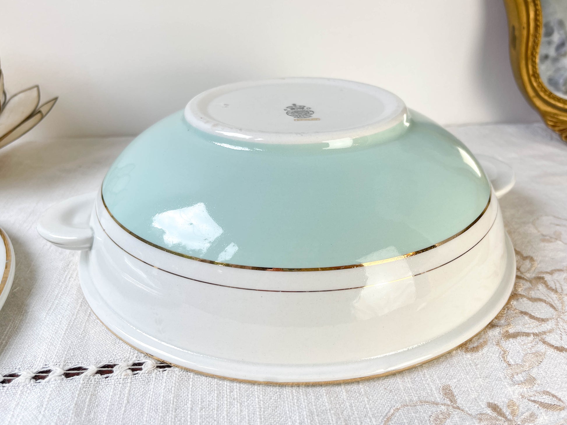 Soupière porcelaine vintage blanche verte LUNEVILLE EPINAY France 1950s