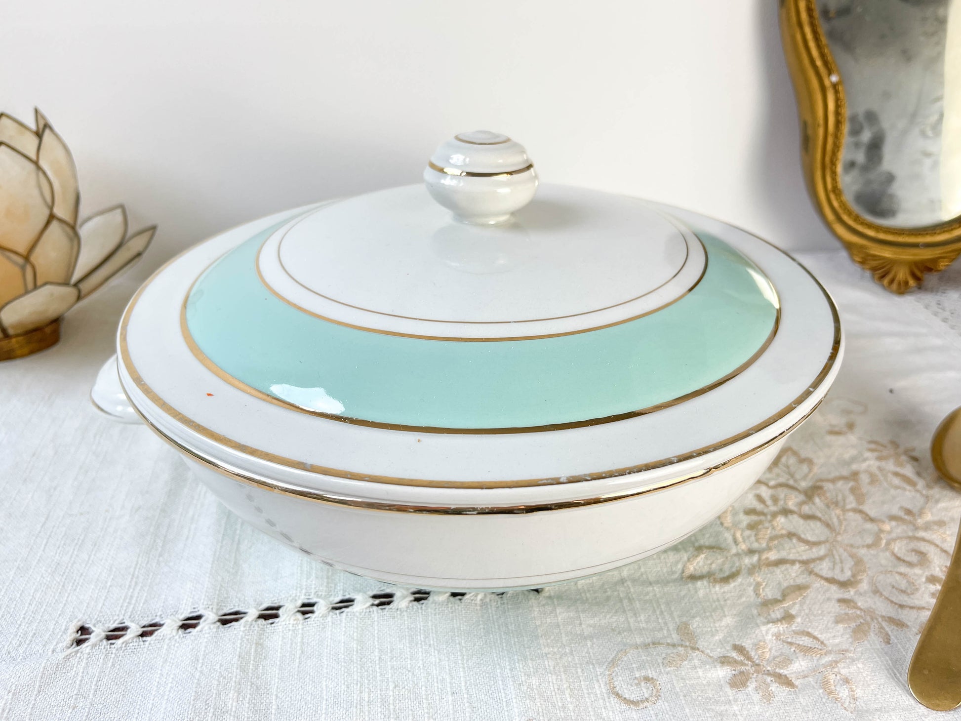 Soupière porcelaine vintage blanche verte LUNEVILLE EPINAY France 1950s