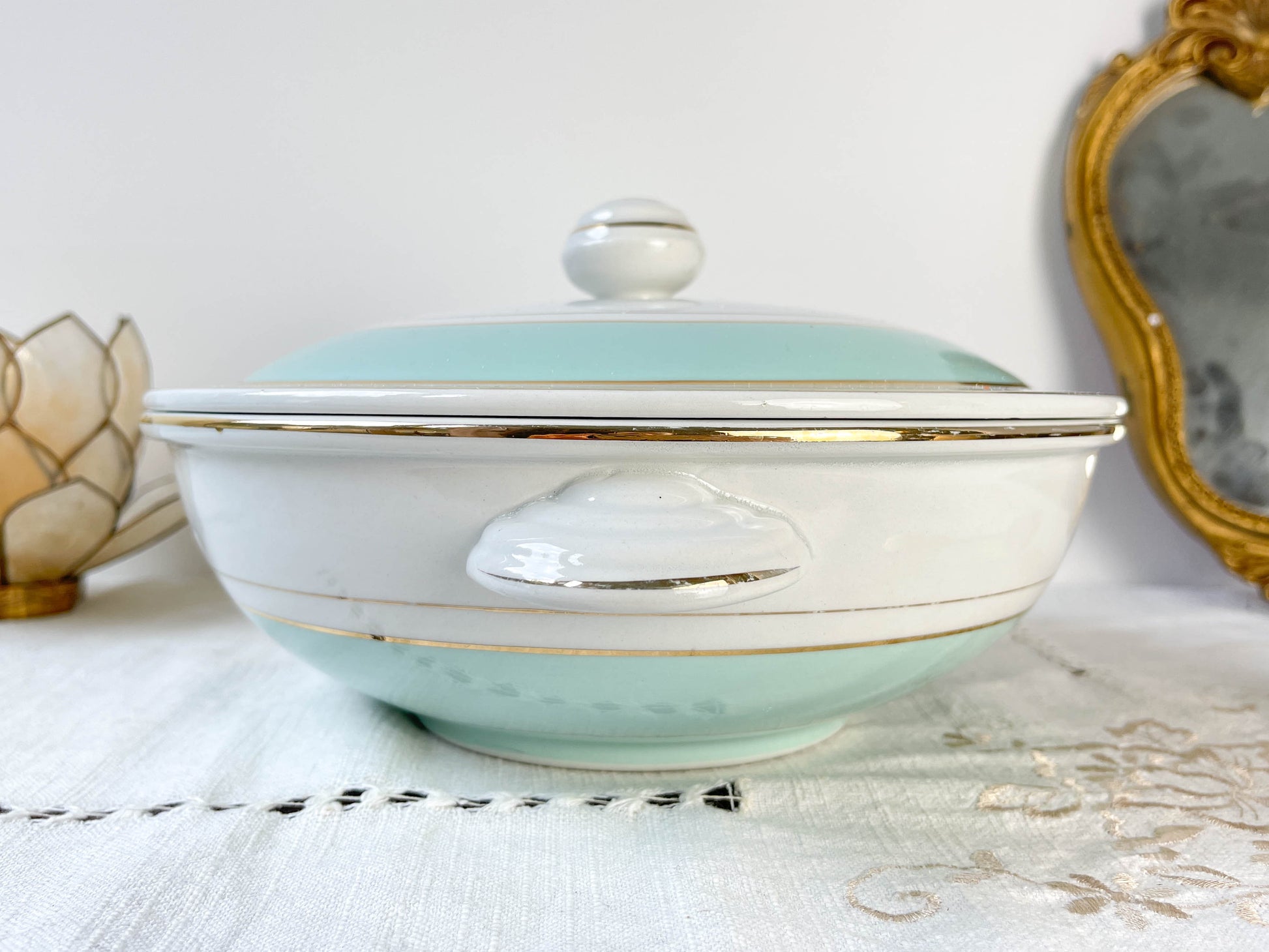 Soupière porcelaine vintage blanche verte LUNEVILLE EPINAY France 1950s