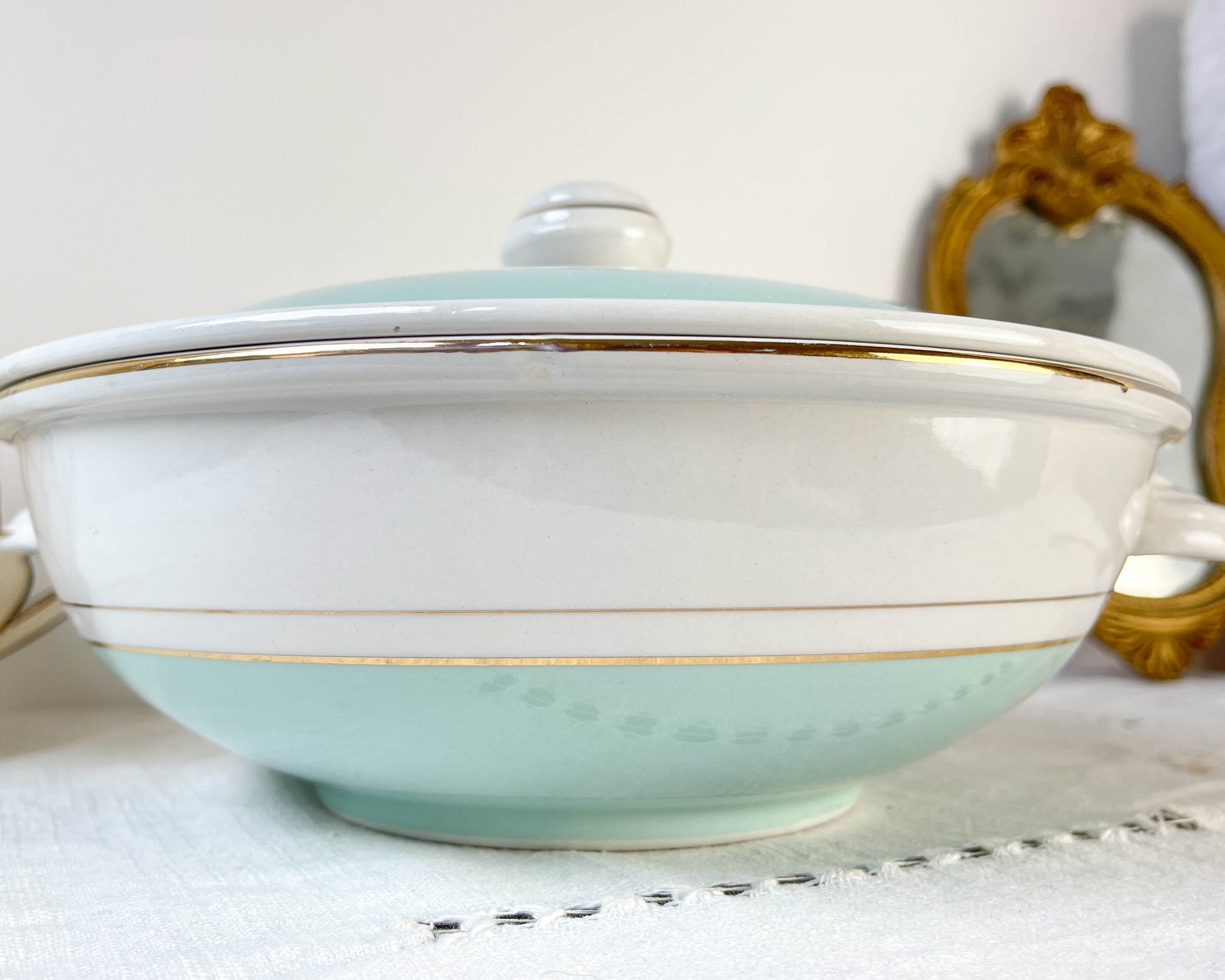 Soupière porcelaine vintage blanche verte LUNEVILLE EPINAY France 1950s