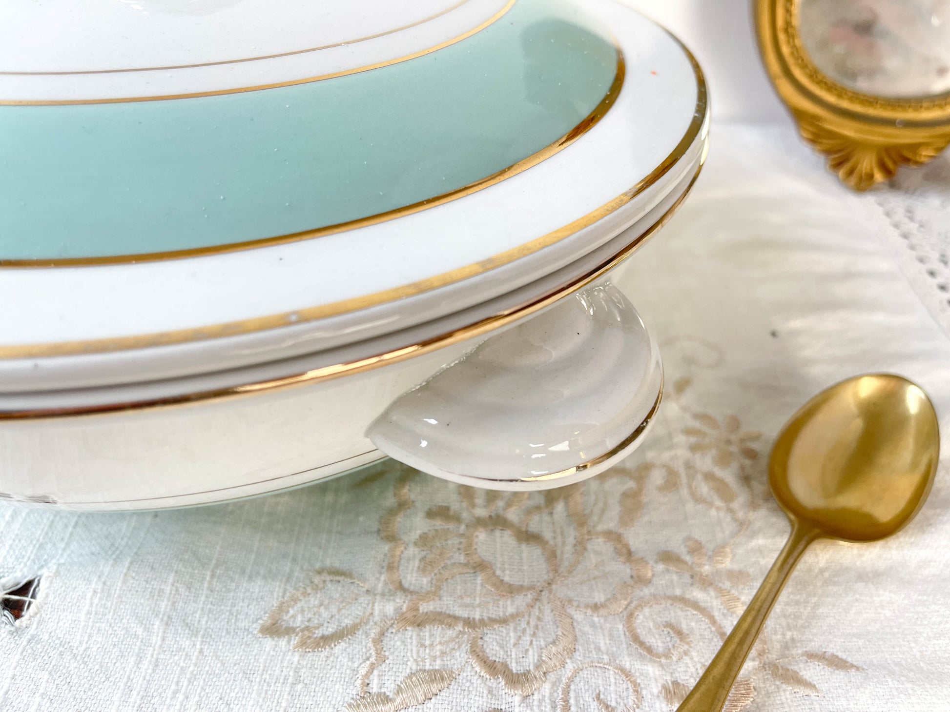 Soupière porcelaine vintage blanche verte LUNEVILLE EPINAY France 1950s