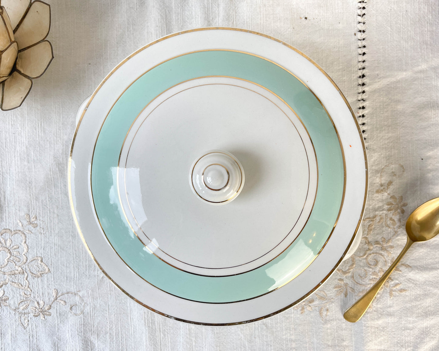 Soupière porcelaine vintage blanche verte LUNEVILLE EPINAY France 1950s