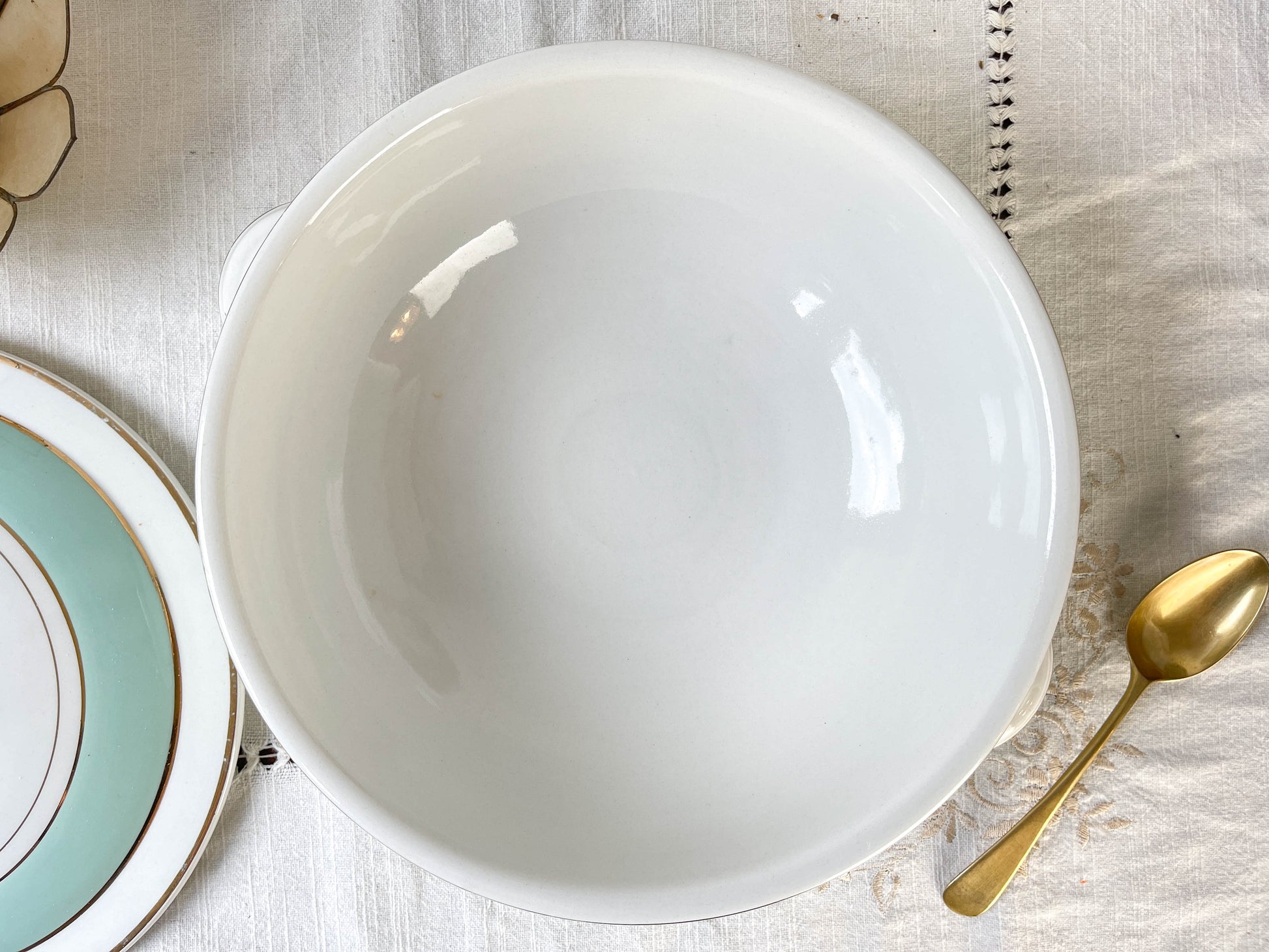 Soupière porcelaine vintage blanche verte LUNEVILLE EPINAY France 1950s