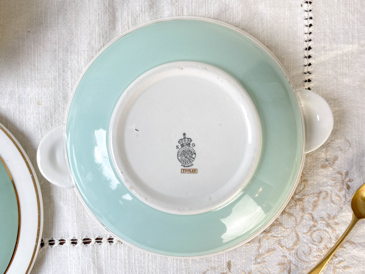 Soupière porcelaine vintage blanche verte LUNEVILLE EPINAY France 1950s
