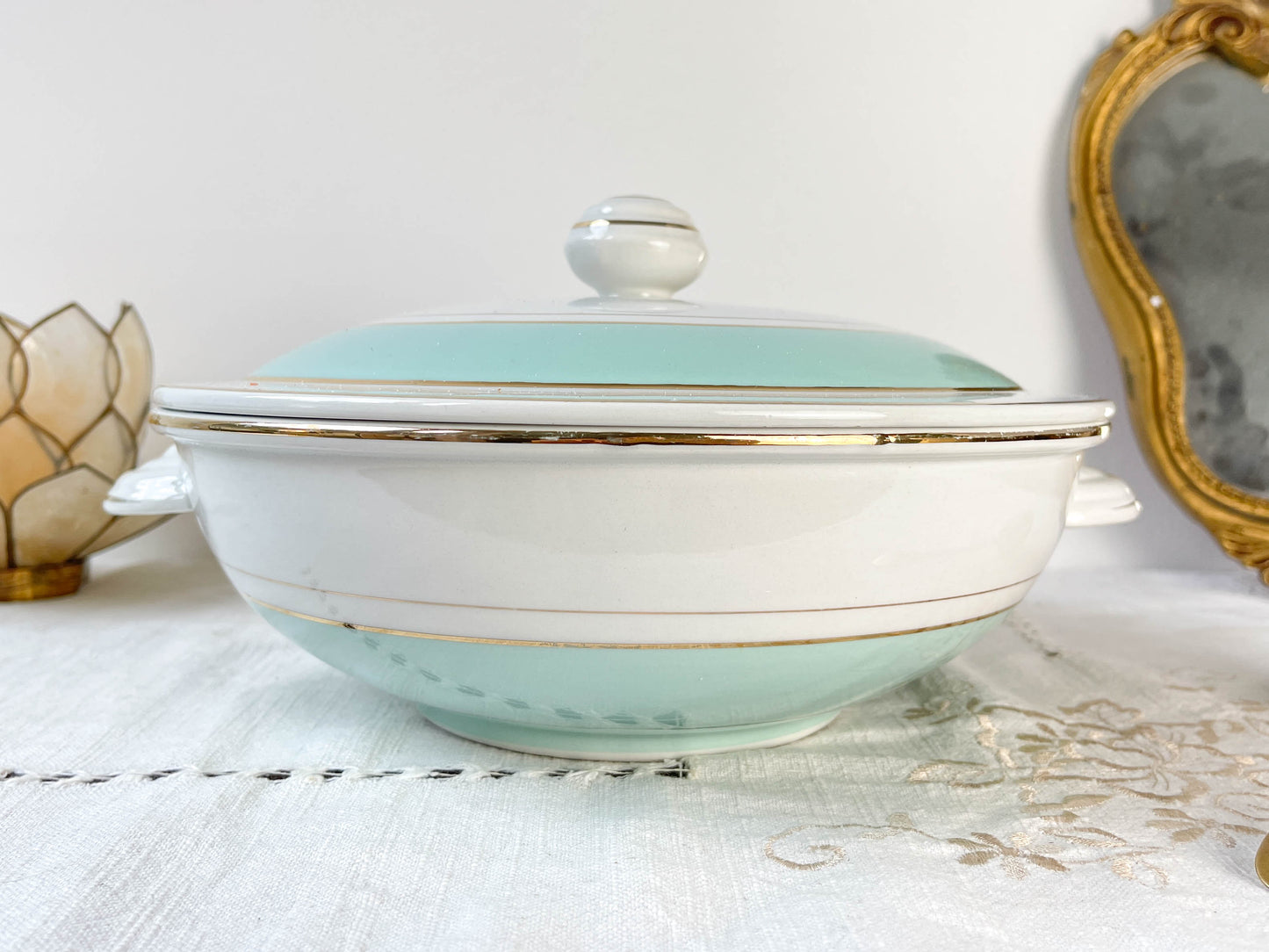 Soupière porcelaine vintage blanche verte LUNEVILLE EPINAY France 1950s
