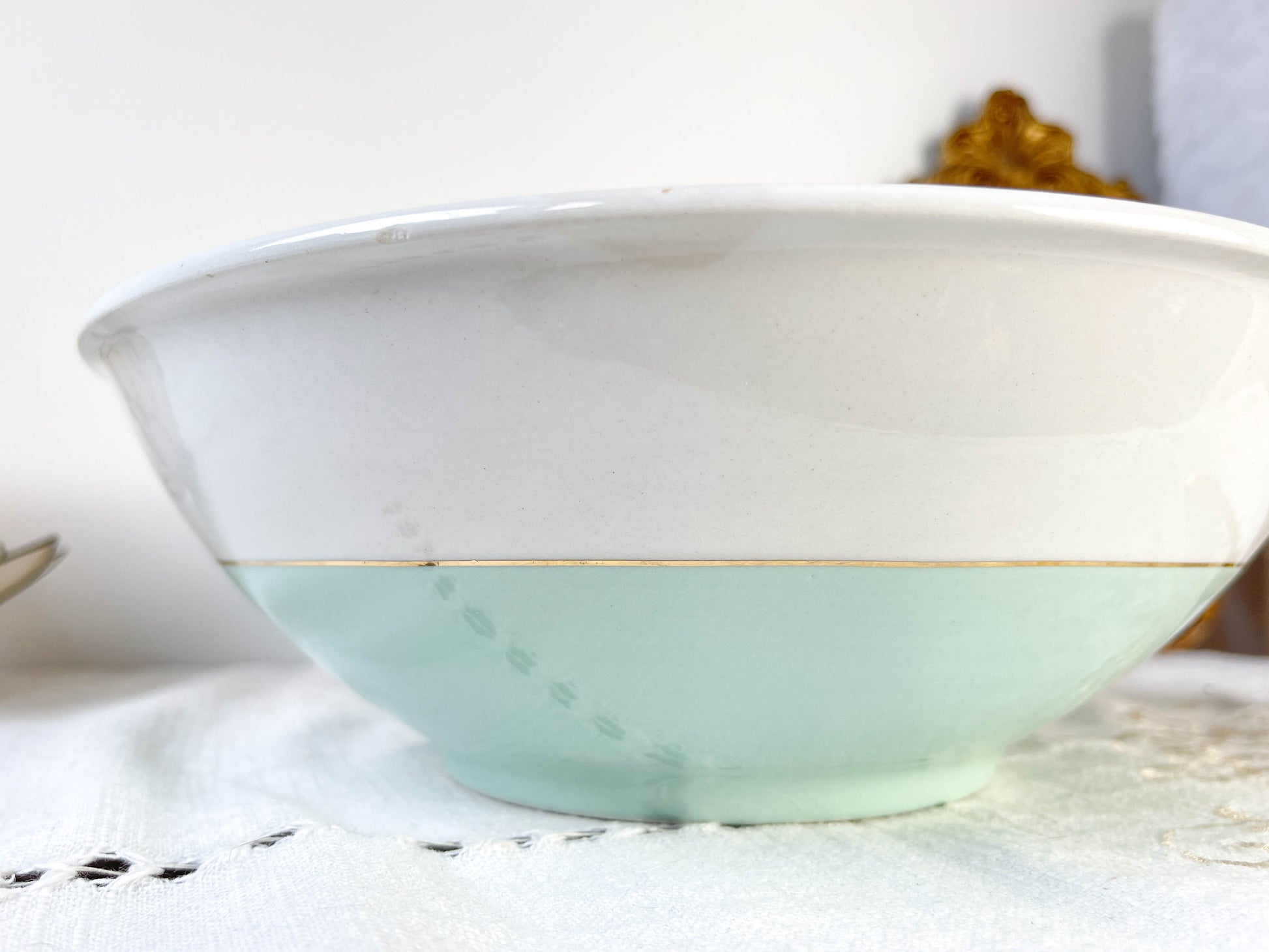 Saladier porcelaine vintage blanche verte LUNEVILLE EPINAY France 1950s