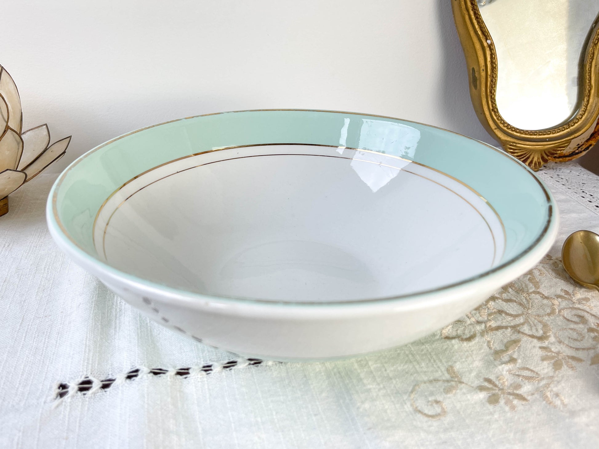 Saladier porcelaine vintage blanche verte LUNEVILLE EPINAY France 1950s