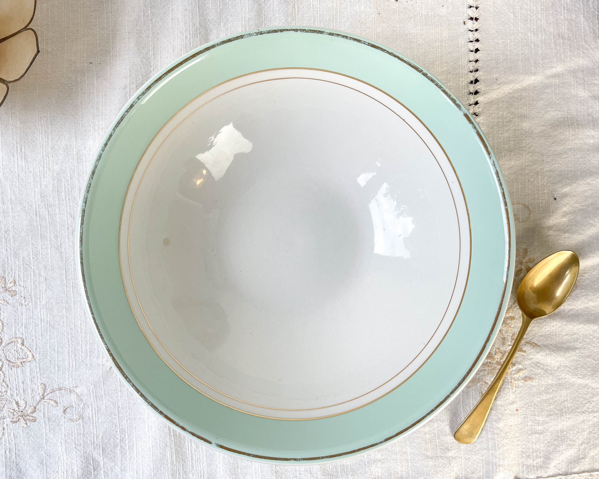 Saladier porcelaine vintage blanche verte LUNEVILLE EPINAY France 1950s