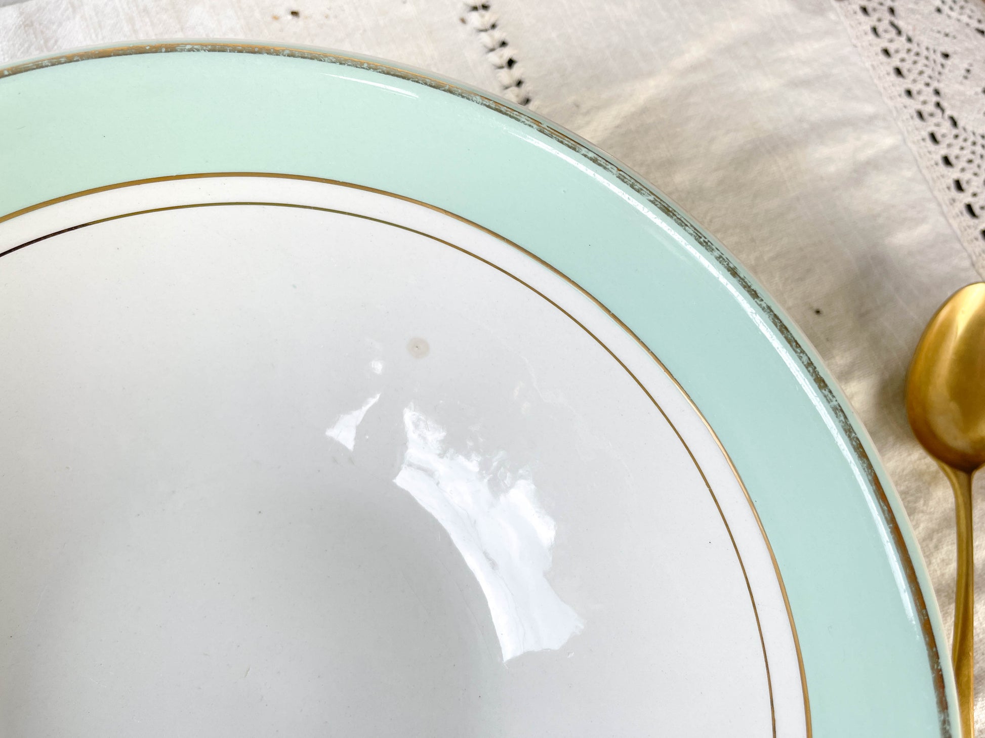 Saladier porcelaine vintage blanche verte LUNEVILLE EPINAY France 1950s