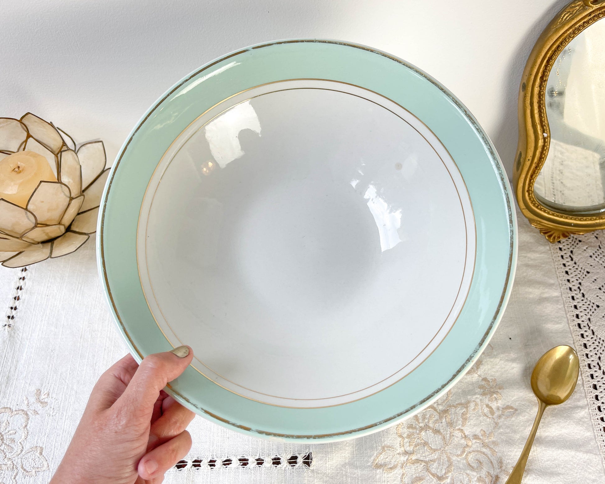 Saladier porcelaine vintage blanche verte LUNEVILLE EPINAY France 1950s