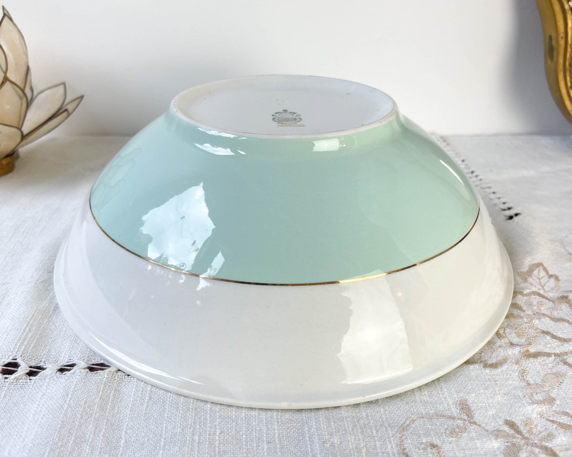 Saladier porcelaine vintage blanche verte LUNEVILLE EPINAY France 1950s