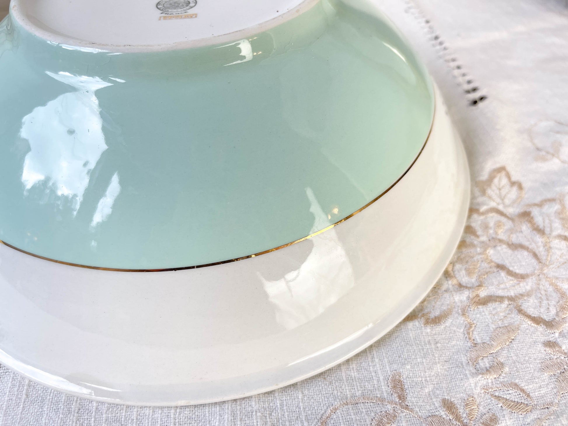 Saladier porcelaine vintage blanche verte LUNEVILLE EPINAY France 1950s