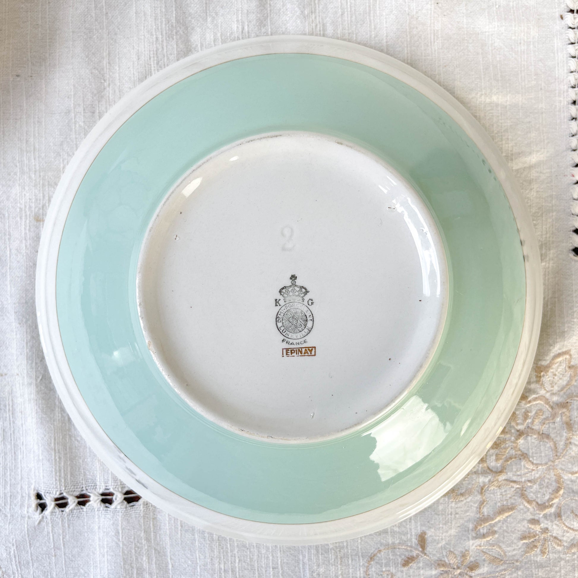 Saladier porcelaine vintage blanche verte LUNEVILLE EPINAY France 1950s