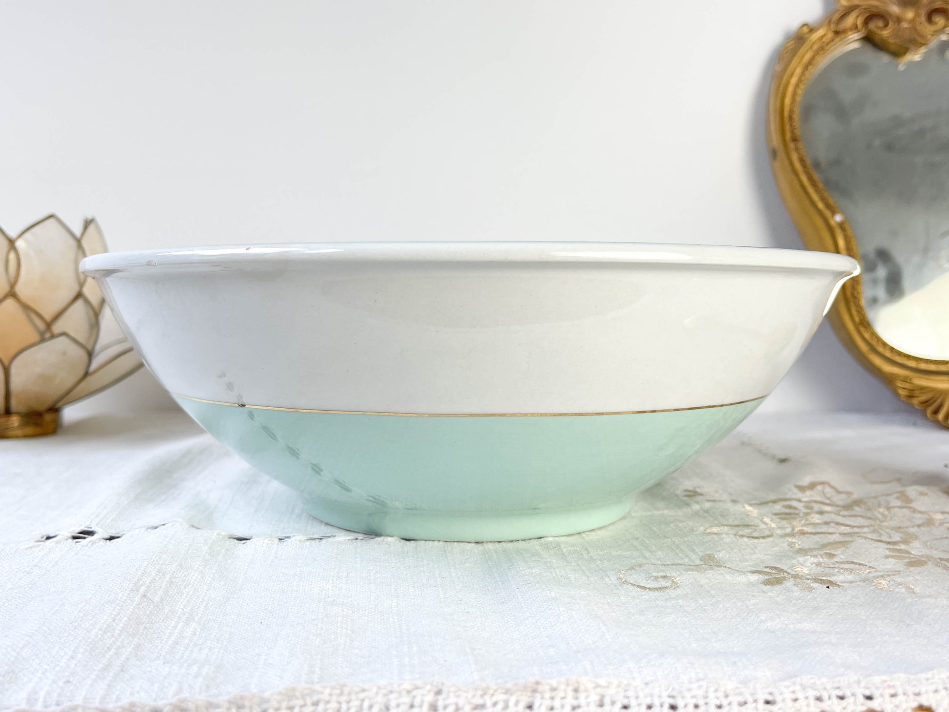 Saladier porcelaine vintage blanche verte LUNEVILLE EPINAY France 1950s