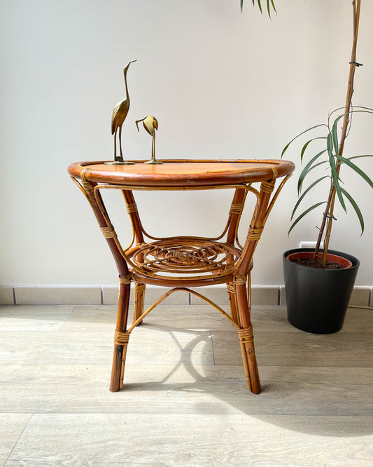 Table basse ronde rotin vintage 1970