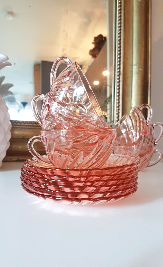 6 Tasses et sous-tasses à thé en verre rose Rosaline LUMINARC made in France