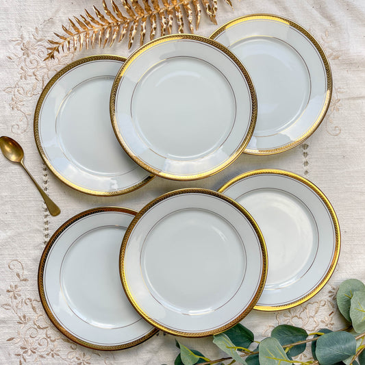 6 Petites assiettes vintage en porcelaine de Limoges blanche dorées