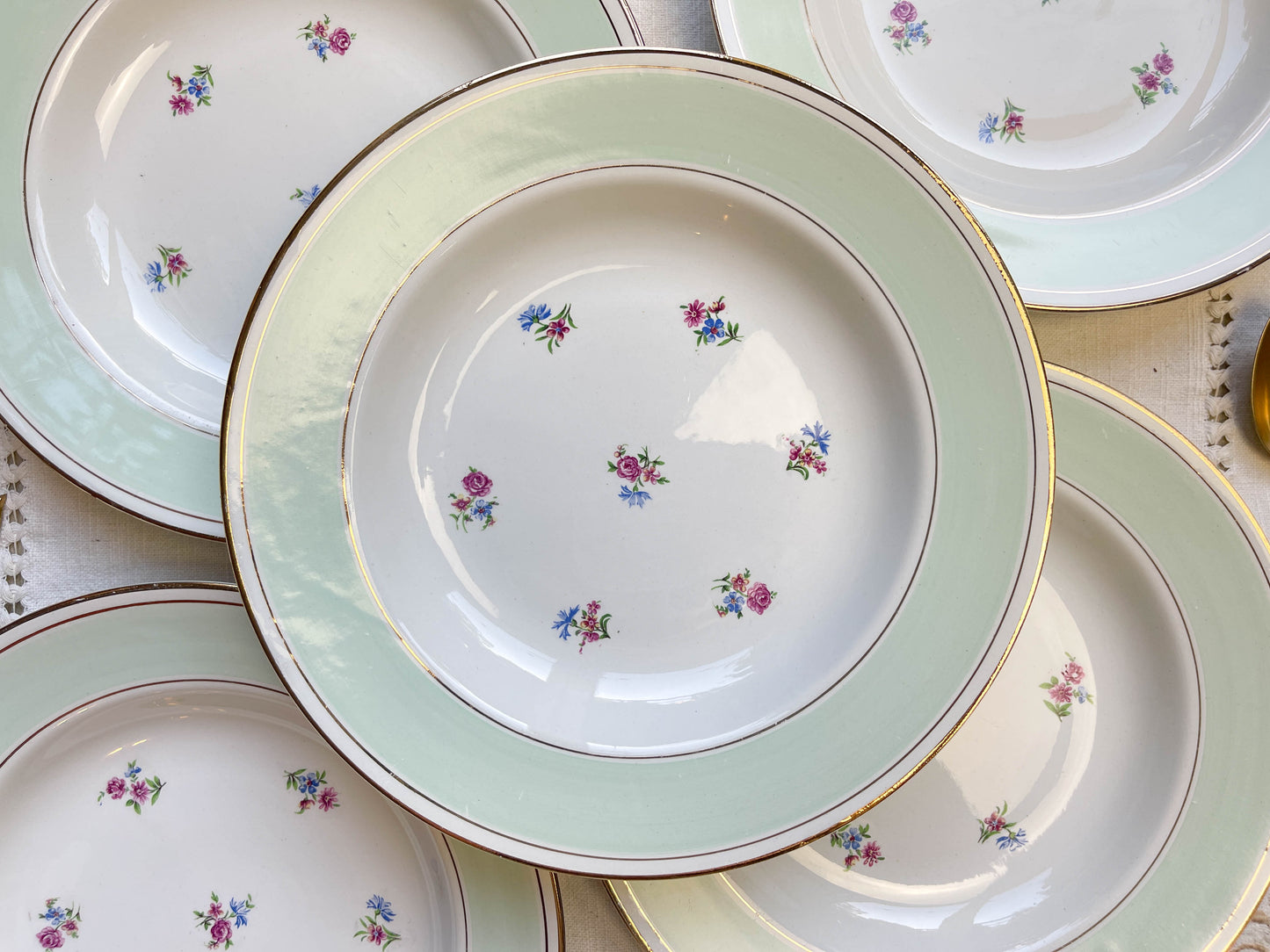 5 Assiettes creuses vintage porcelaine blanche verte fleurie SALINS 66 de 1950s