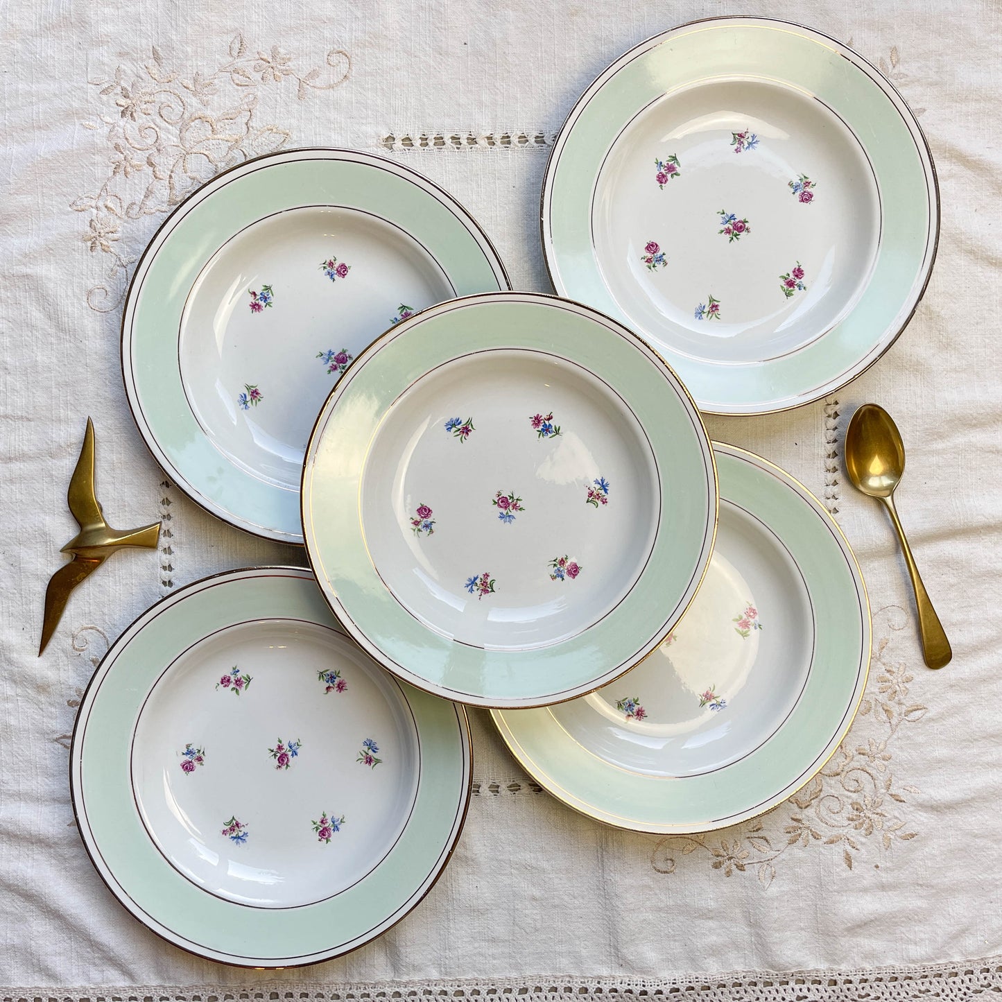 5 Assiettes creuses vintage porcelaine blanche verte fleurie SALINS 66 de 1950s