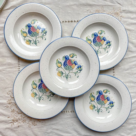 5 Assiettes Creuses en Faïence Italienne mouchetée "TIFFANY" – Motif Oiseau Vintage