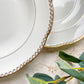 Ensemble de 6 assiettes creuses vintage en porcelaine blanche avec décor doré géométrique SPF, vaisselle ancienne élégante pour table rétro ou collection.