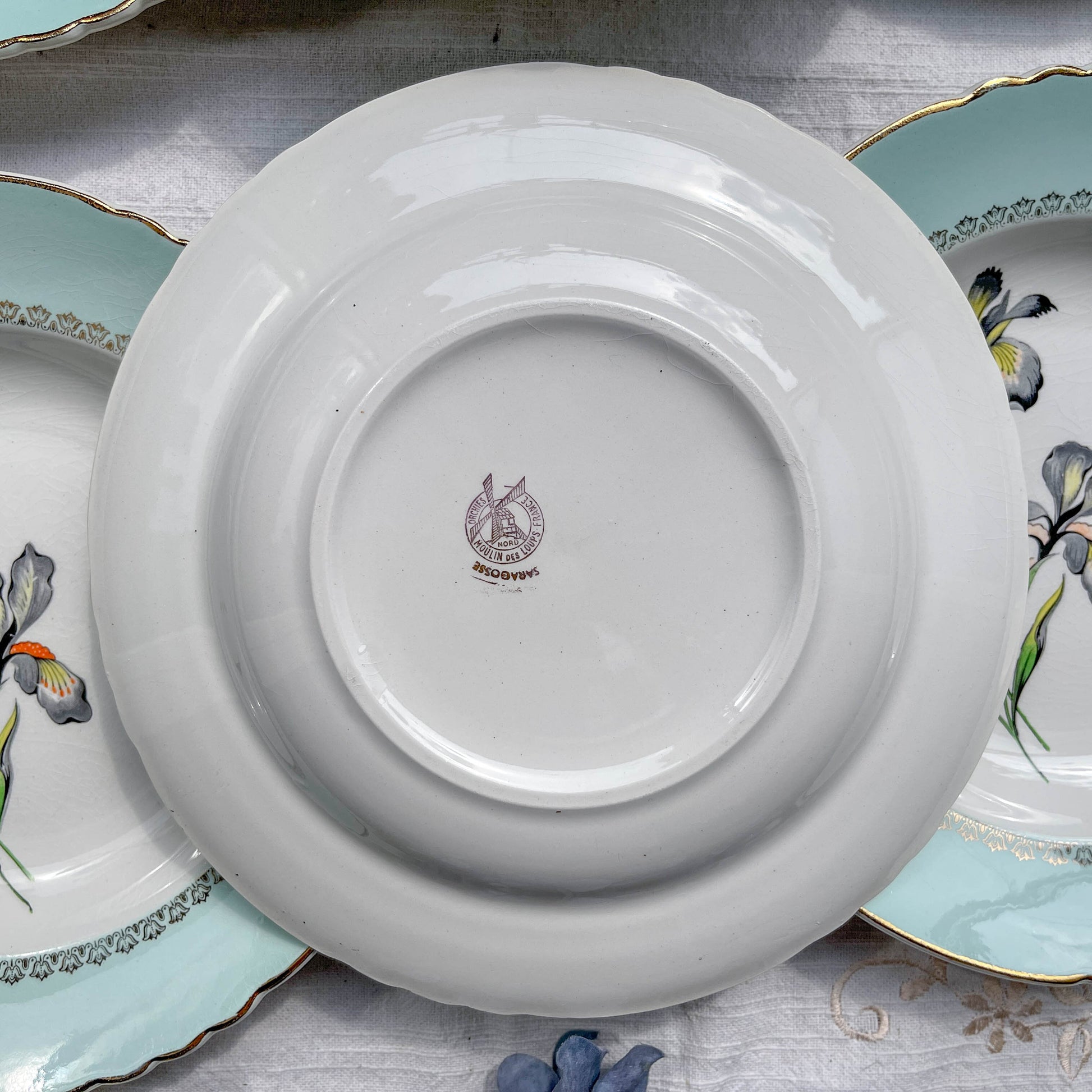 6 Assiettes creuses porcelaine vintage blanche verte Iris Moulin des Loups "Sargosse" 1950s