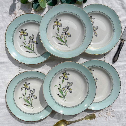 6 Assiettes creuses porcelaine vintage blanche verte Iris Moulin des Loups "Sargosse" 1950s