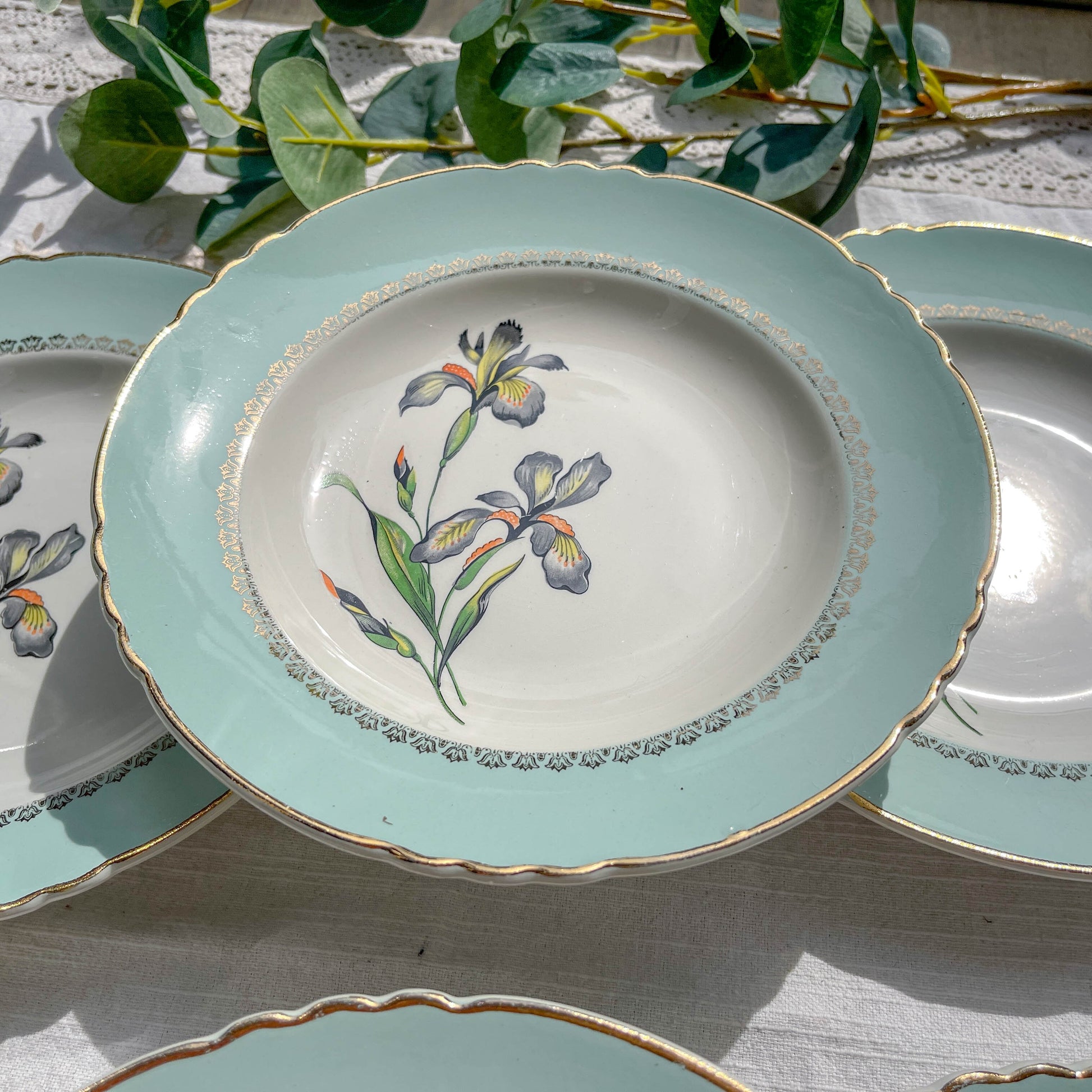 6 Assiettes creuses porcelaine vintage blanche verte Iris Moulin des Loups "Sargosse" 1950s