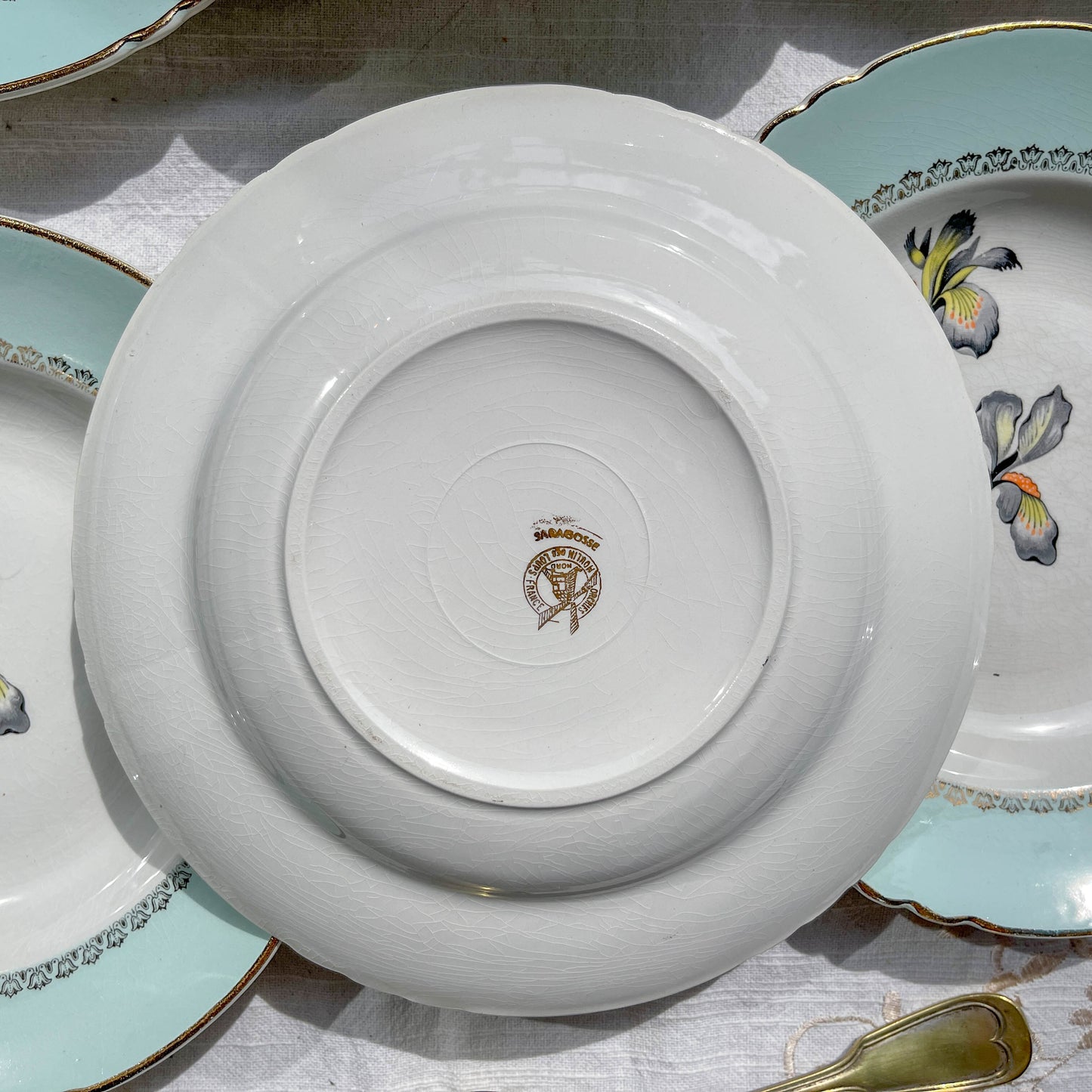 6 Assiettes creuses porcelaine vintage blanche verte Iris Moulin des Loups "Sargosse" 1950s