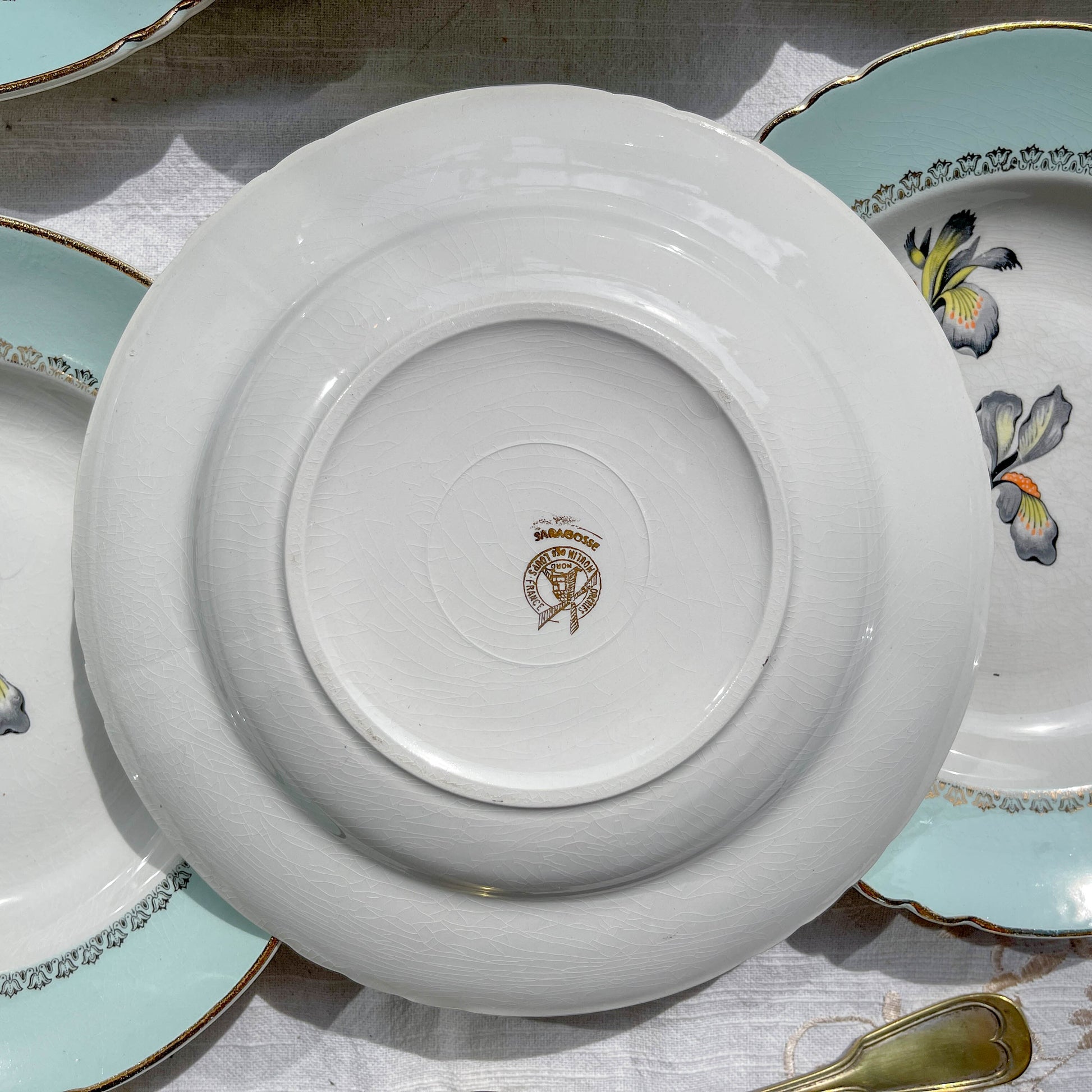6 Assiettes creuses porcelaine vintage blanche verte Iris Moulin des Loups "Sargosse" 1950s