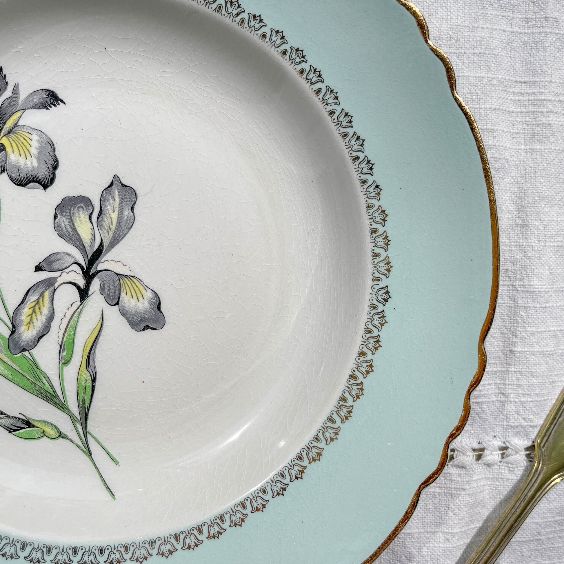 6 Assiettes creuses porcelaine vintage blanche verte Iris Moulin des Loups "Sargosse" 1950s