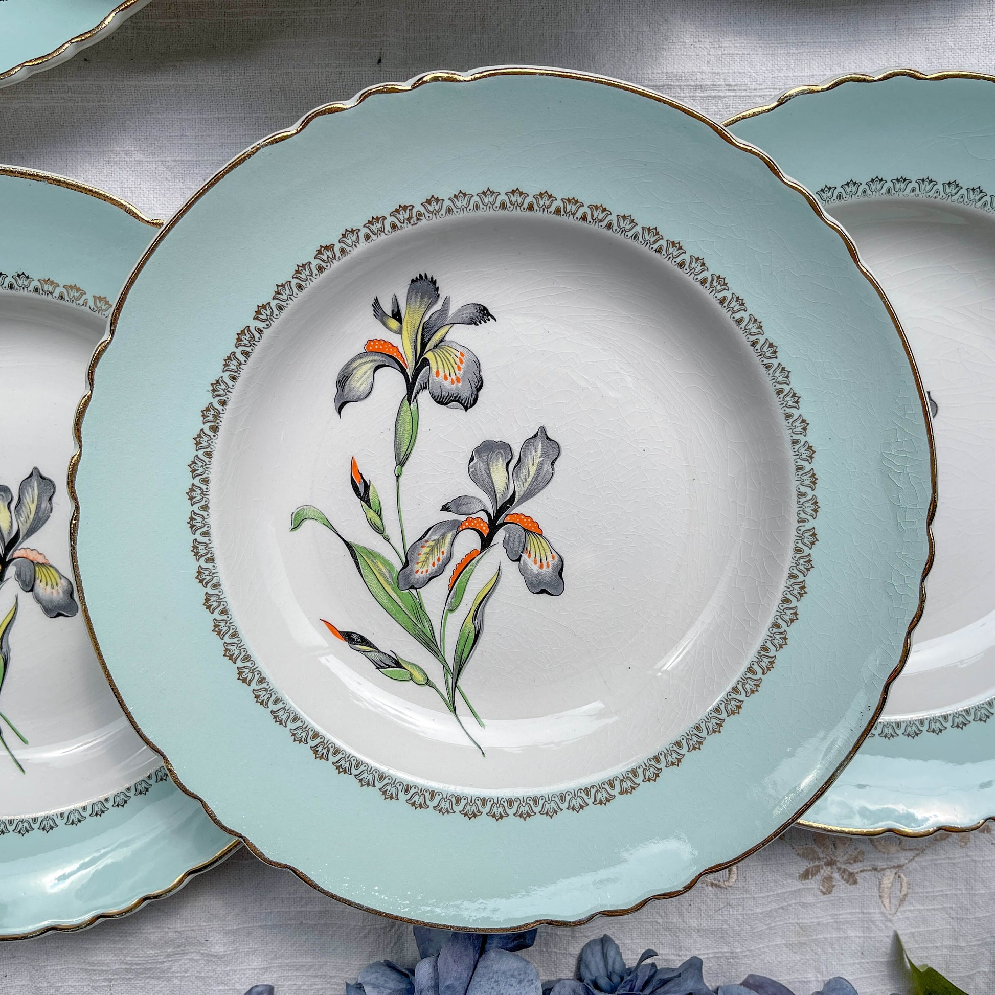 6 Assiettes creuses porcelaine vintage blanche verte Iris Moulin des Loups "Sargosse" 1950s