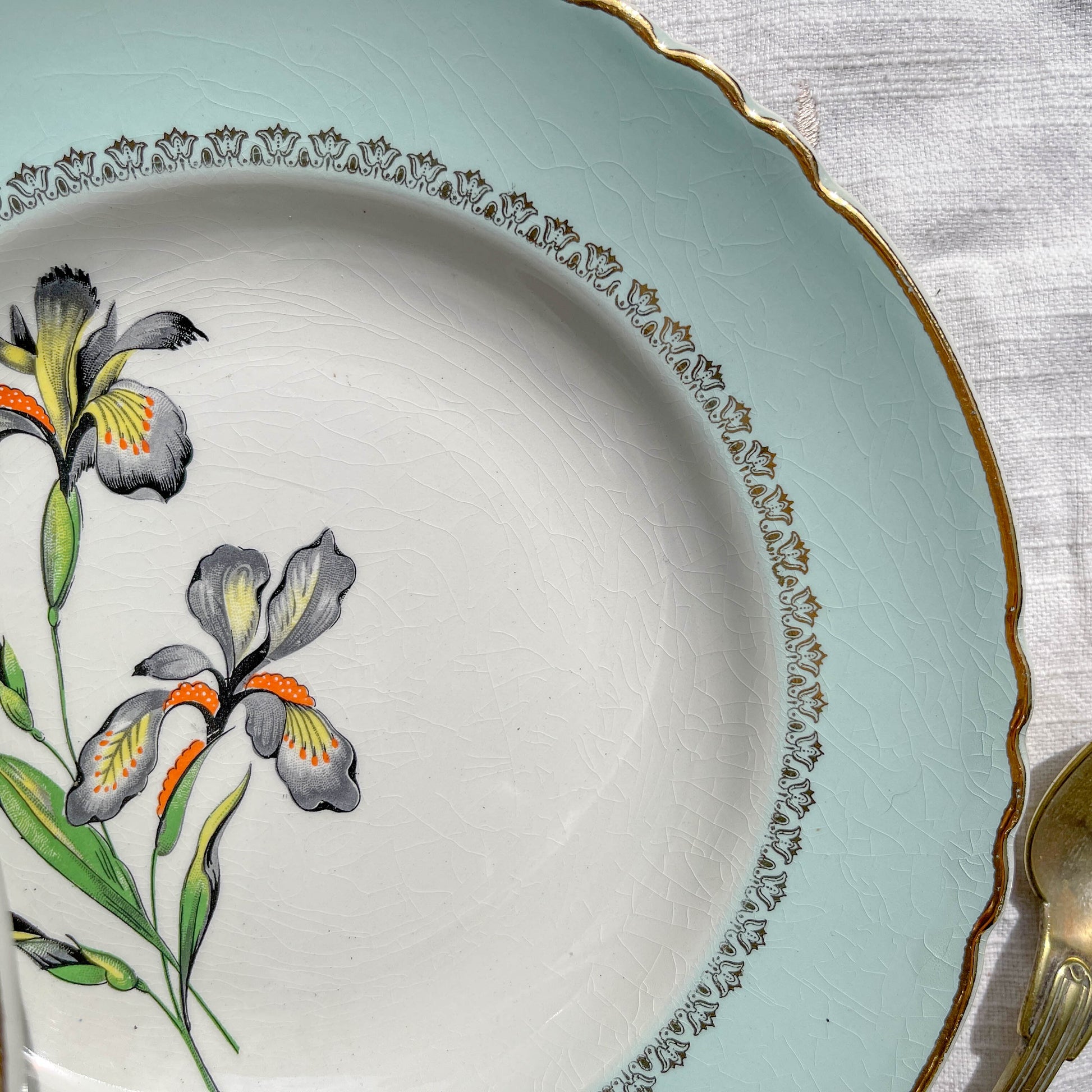 6 Assiettes creuses porcelaine vintage blanche verte Iris Moulin des Loups "Sargosse" 1950s